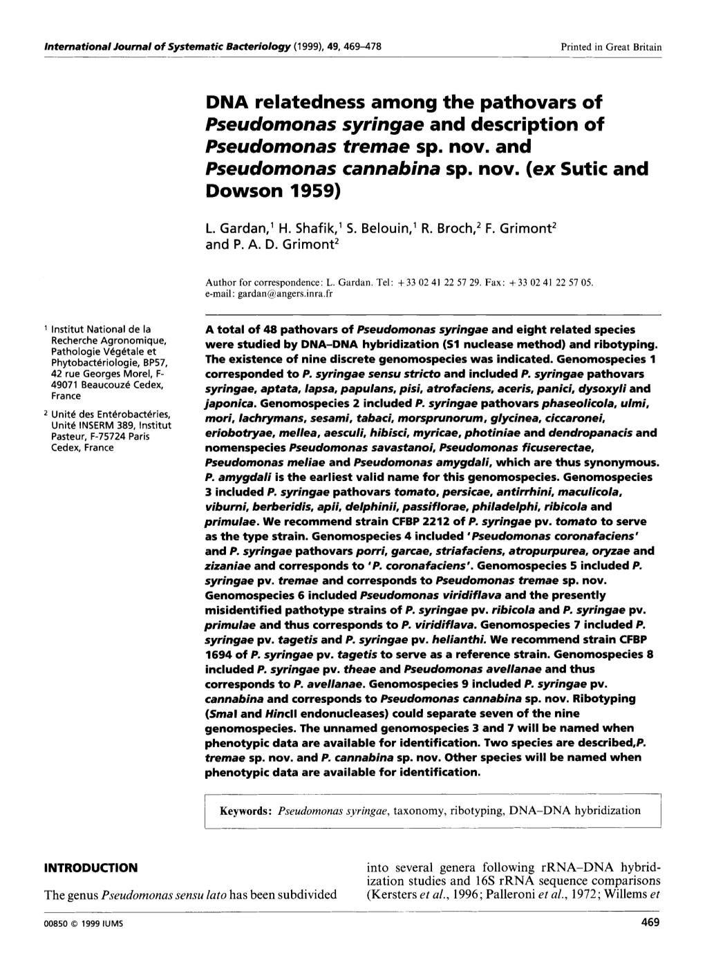 DNA Relatedness Among the Pathovars of Pseudomonas Syringae and Description of Pseudomonas Tremae Sp. Nov. and Pseudornonas Cannabina Sp