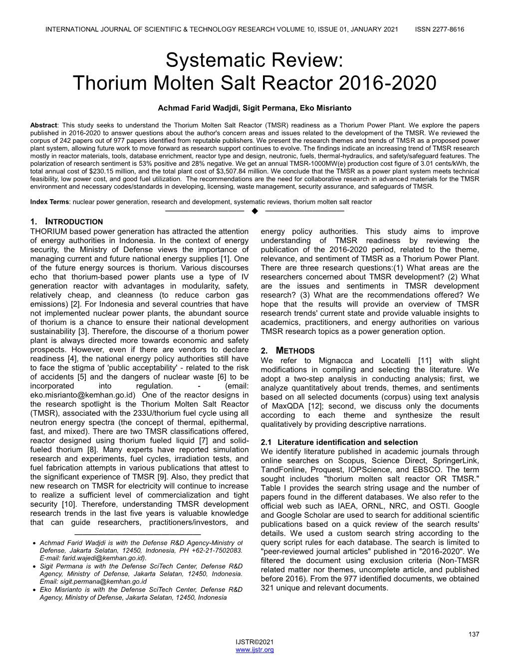 Systematic Review: Thorium Molten Salt Reactor 2016-2020