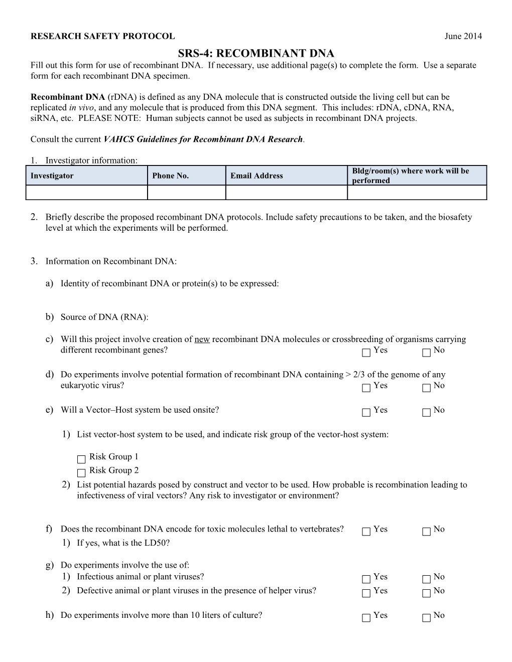 RESEARCH SAFETY PROTOCOL June 2014