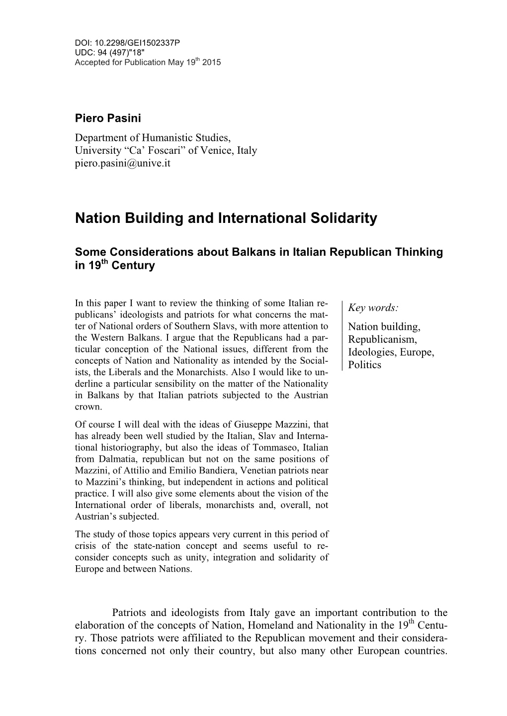 Nation Building and International Solidarity