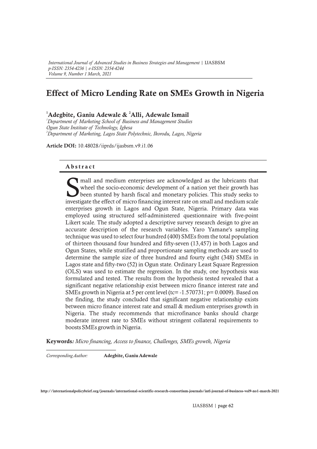 Effect of Micro Lending Rate on Smes Growth in Nigeria