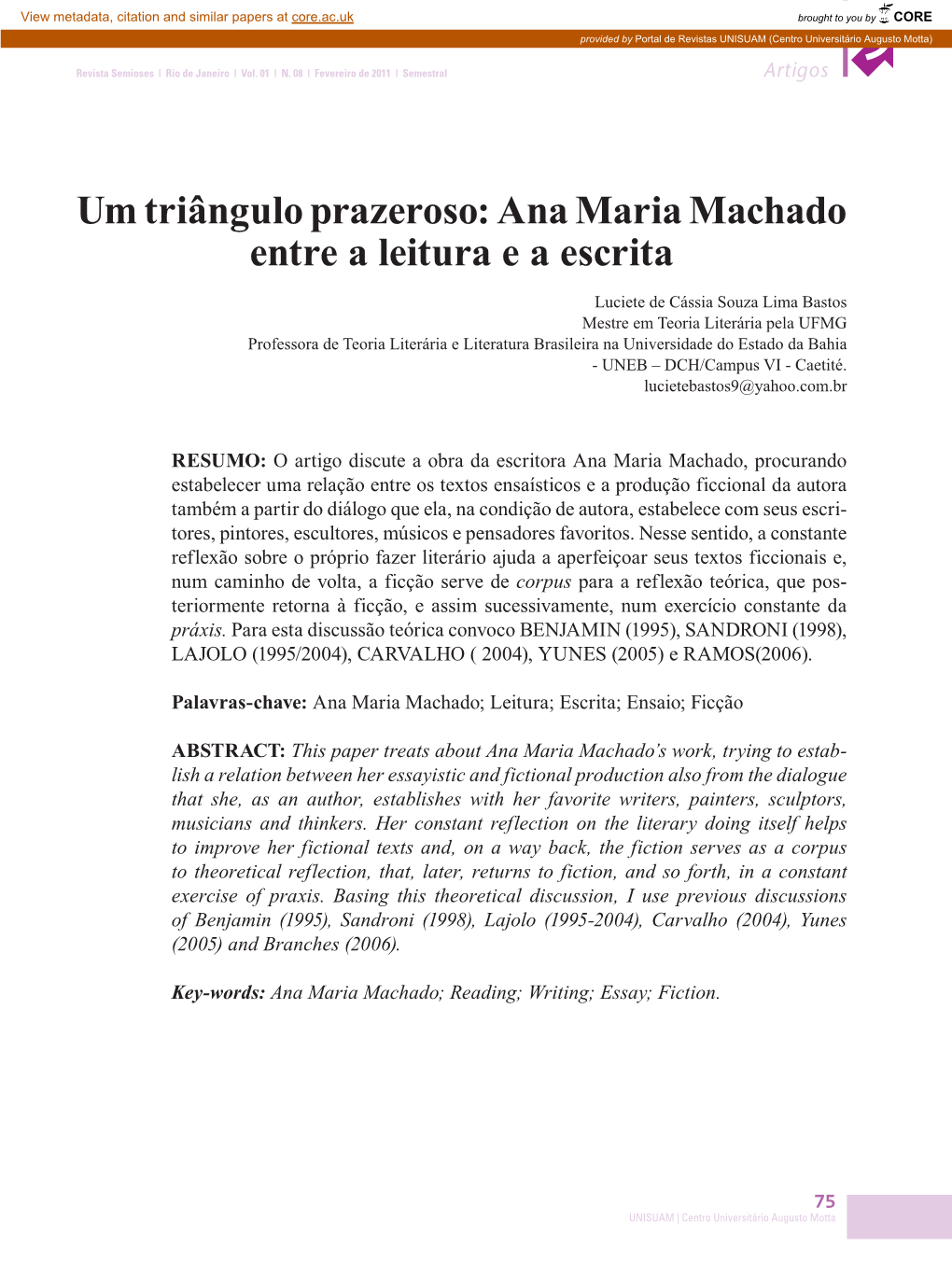 Um Triângulo Prazeroso: Ana Maria Machado Entre a Leitura E a Escrita