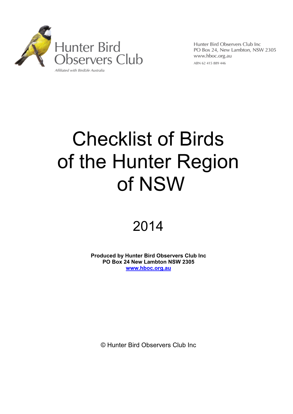 Checklist of Birds of the Hunter Region of NSW