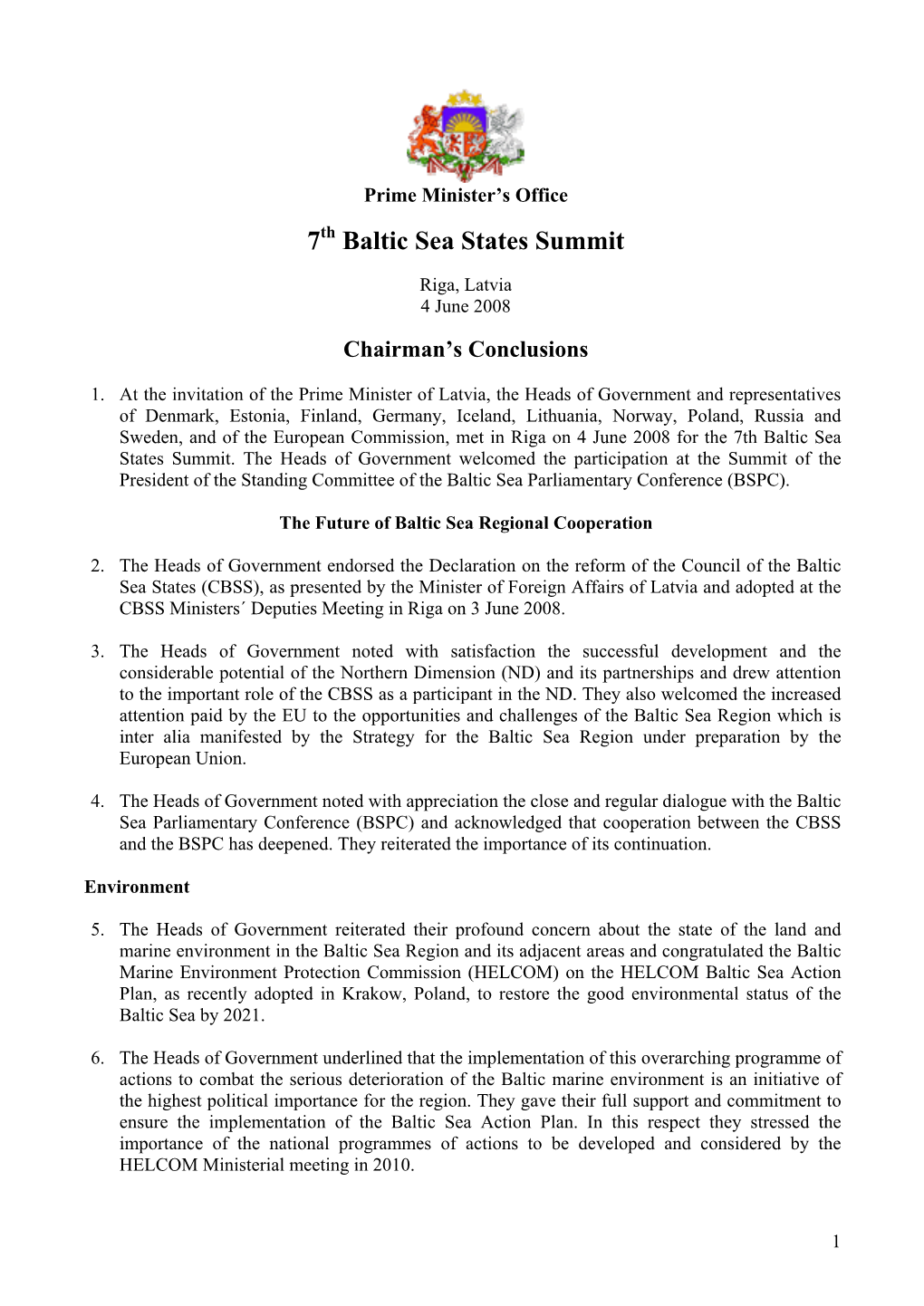 2008 7Th Baltic Sea States Summit Chairmans Conclusions