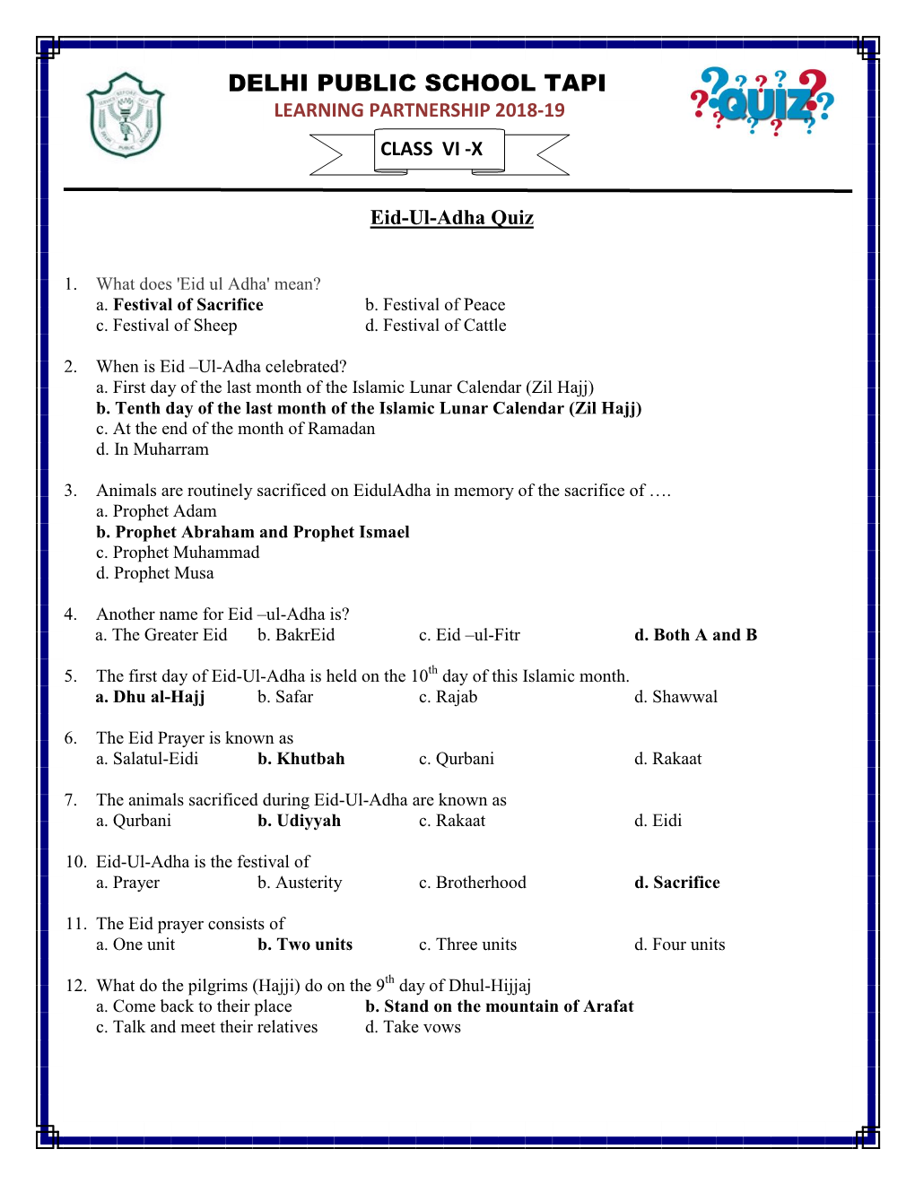 DPST Eid-Ul-Adha Quiz VI-X