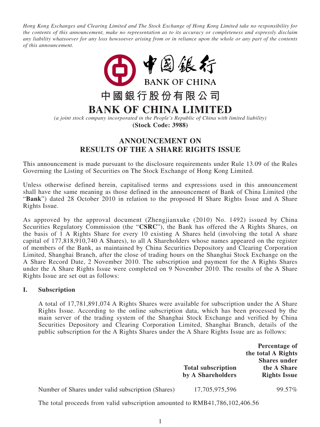 中國銀行股份有限公司 BANK of CHINA LIMITED (A Joint Stock Company Incorporated in the People’S Republic of China with Limited Liability) (Stock Code: 3988)