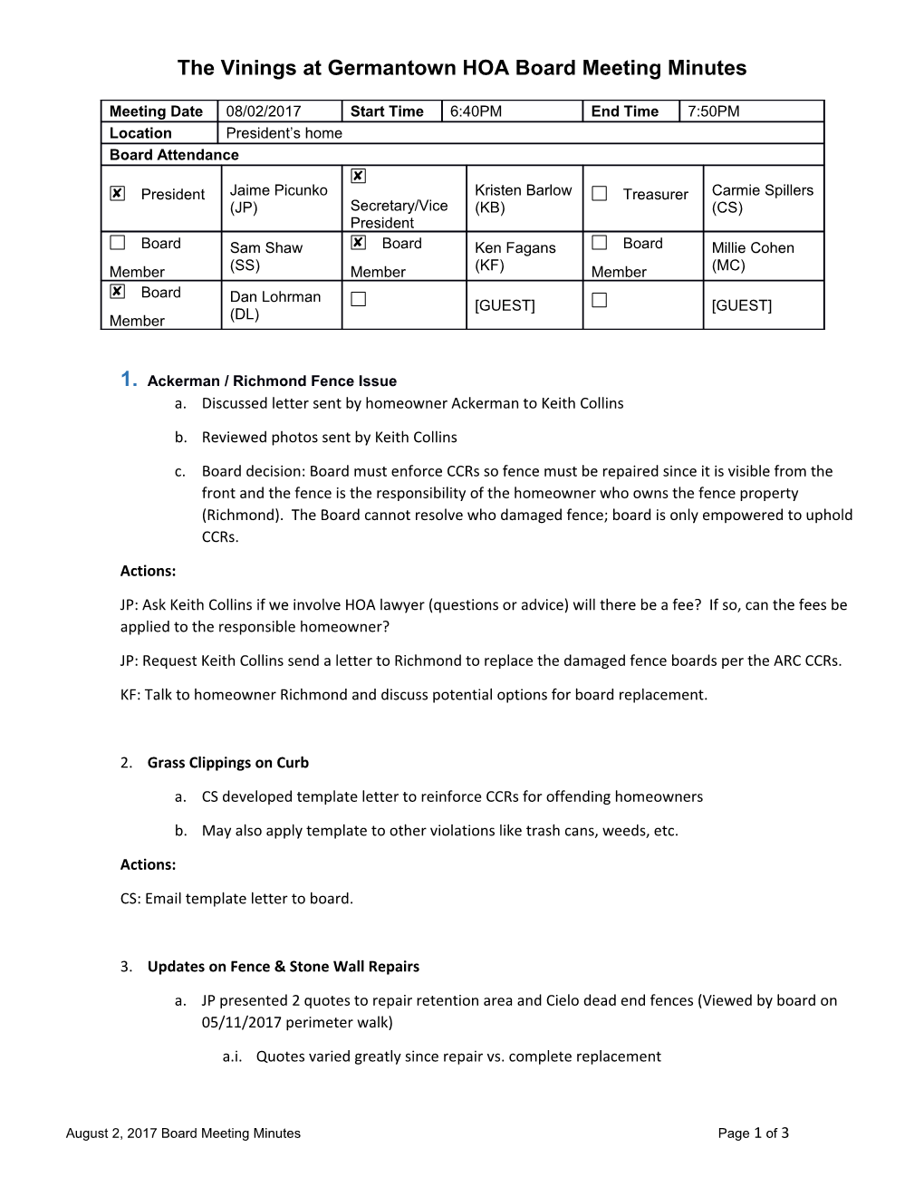 The Vinings at Germantown HOA Board Meeting Minutes