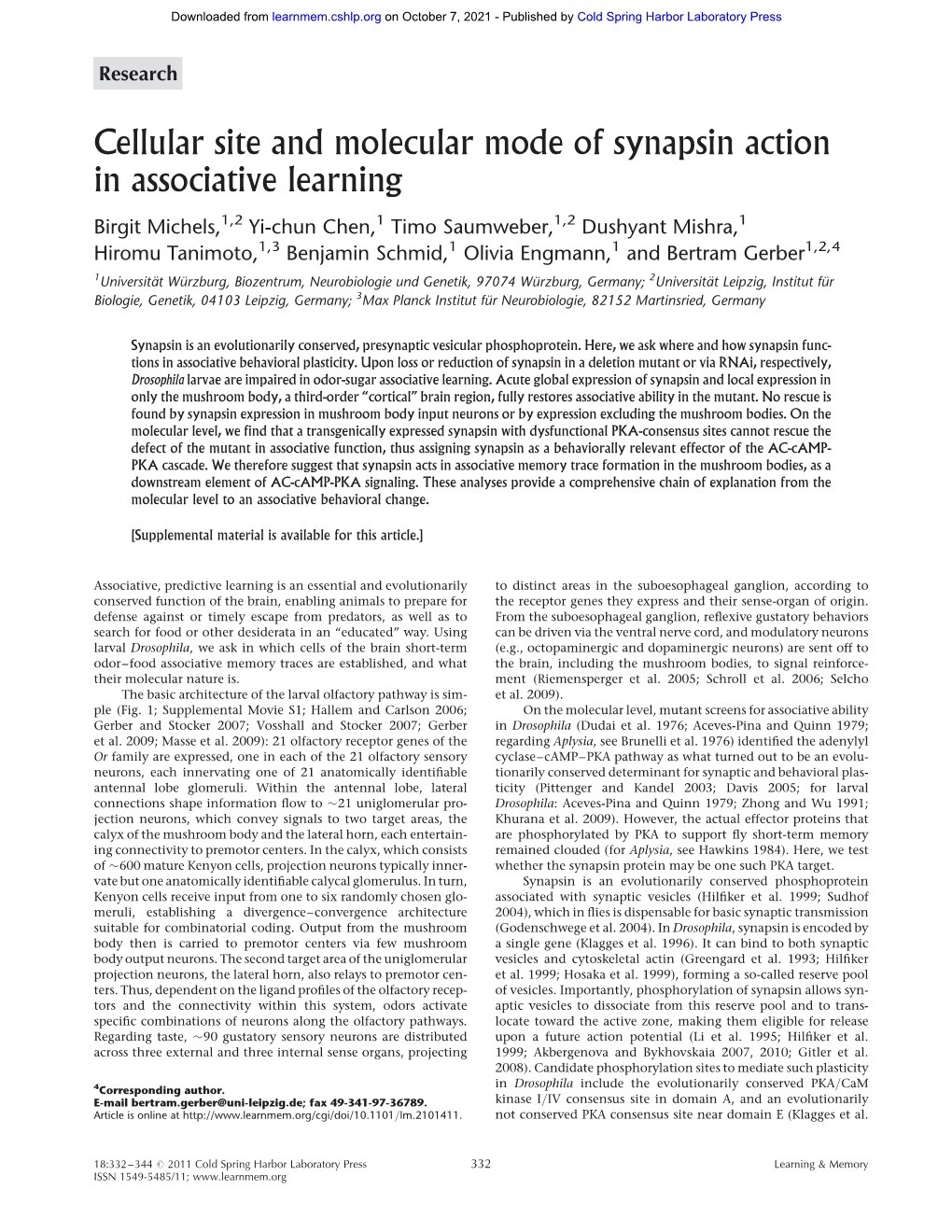 Cellular Site and Molecular Mode of Synapsin Action in Associative Learning