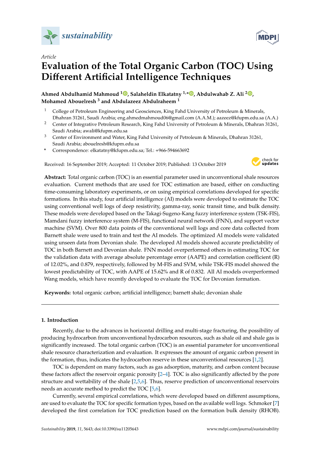 Evaluation of the Total Organic Carbon (TOC) Using Diﬀerent Artiﬁcial Intelligence Techniques