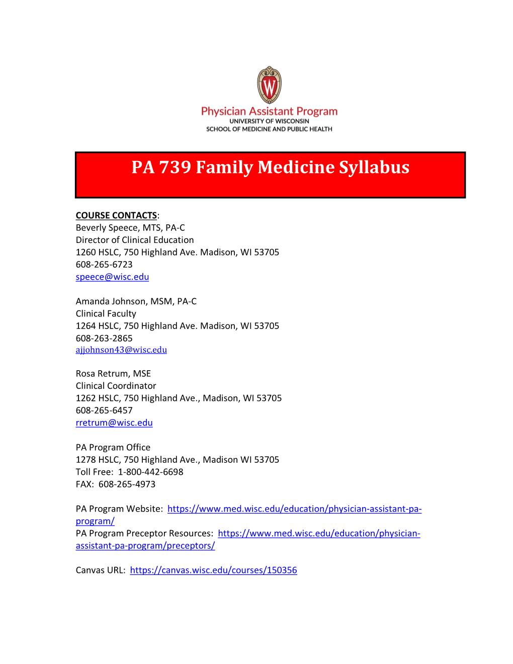 PA 739 Family Medicine Syllabus | Physician Assistant (PA) Program