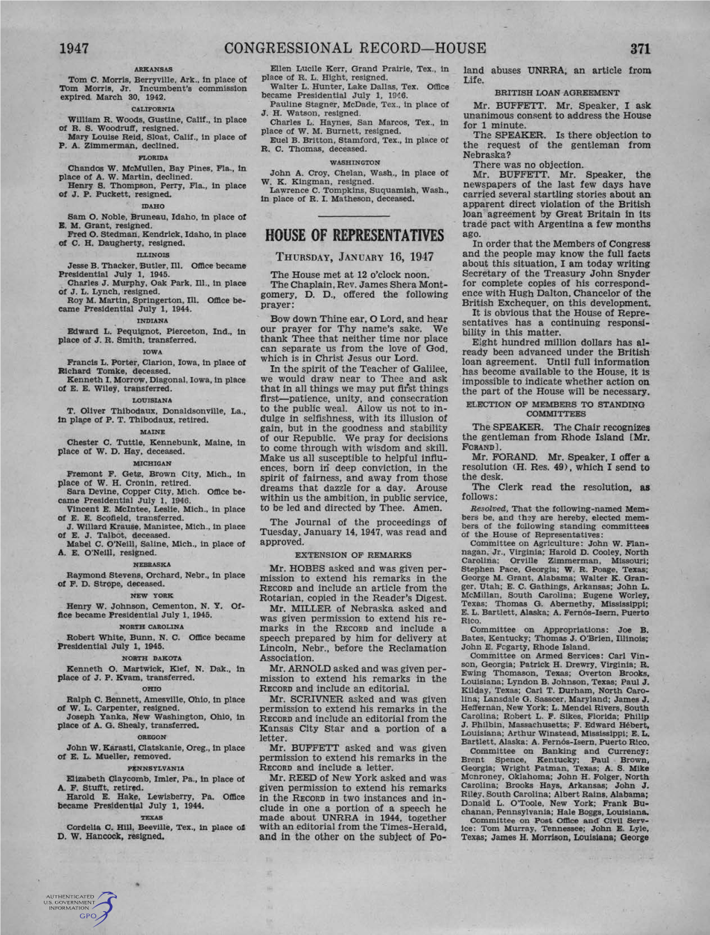 HOUSE of REPRESENTATIVES in Order That the Members of Congress ILLINOIS THURSDAY, JANUARY 16, 1947 and the People May Know the Full Facts Jesse B