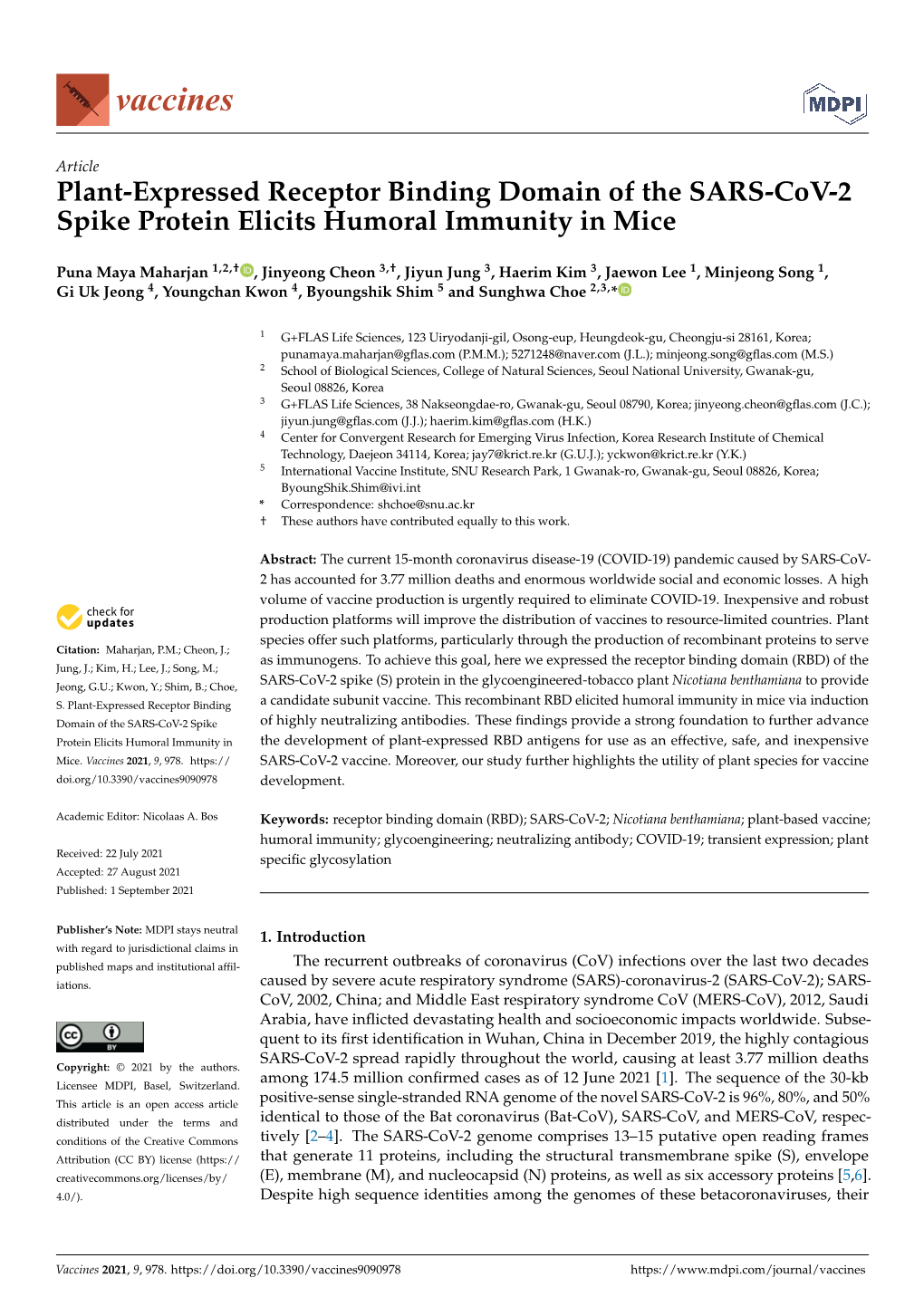 Plant-Expressed Receptor Binding Domain of the SARS-Cov-2 Spike Protein Elicits Humoral Immunity in Mice