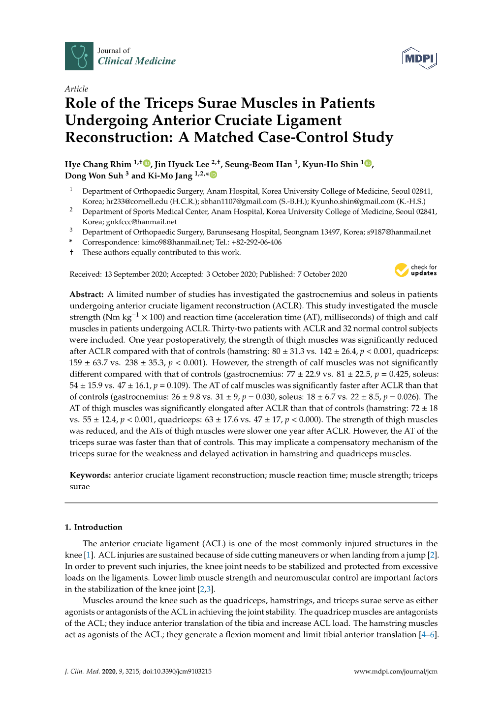 Role of the Triceps Surae Muscles in Patients Undergoing Anterior Cruciate Ligament Reconstruction: a Matched Case-Control Study