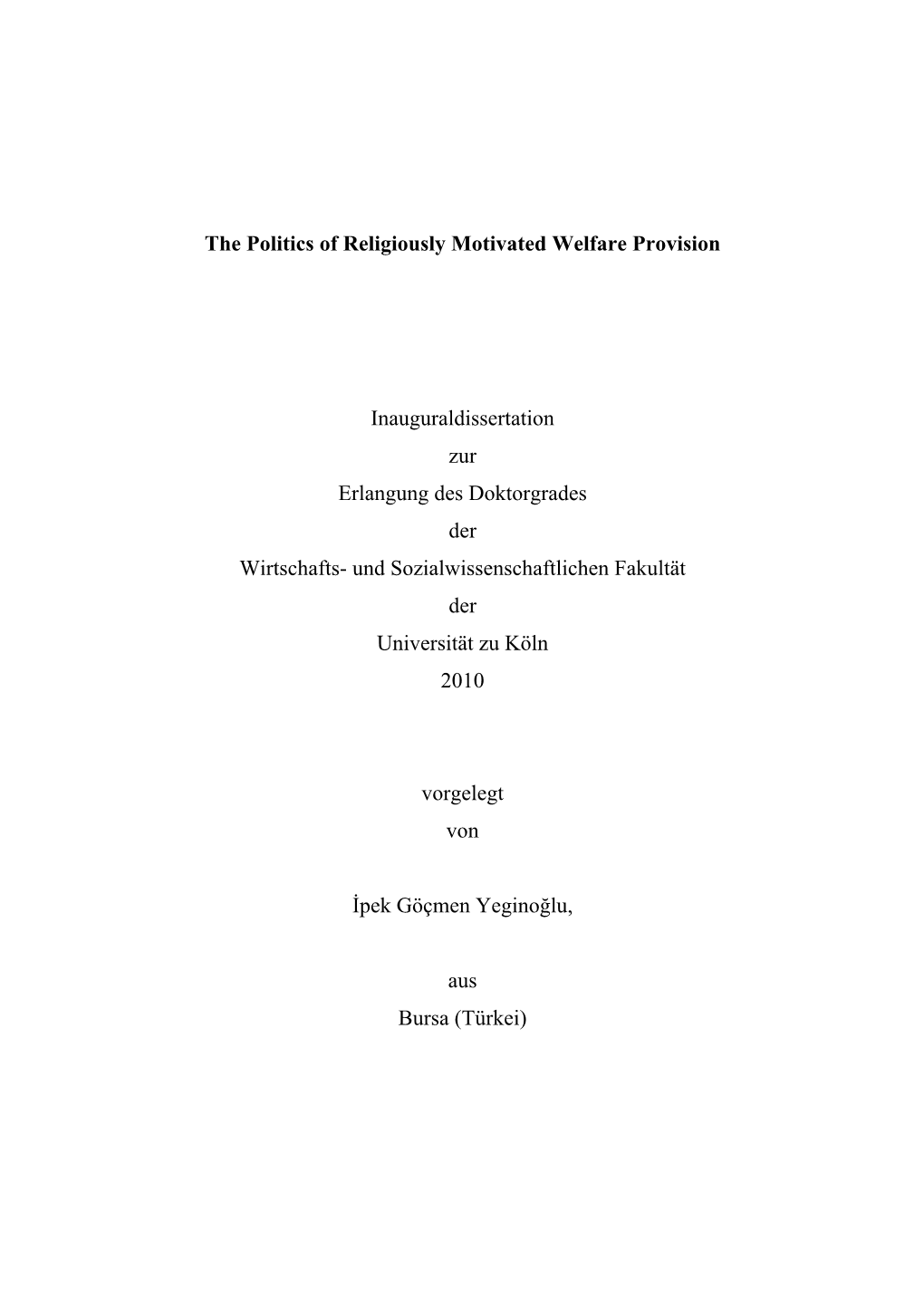 The Politics of Religiously Motivated Welfare Provision