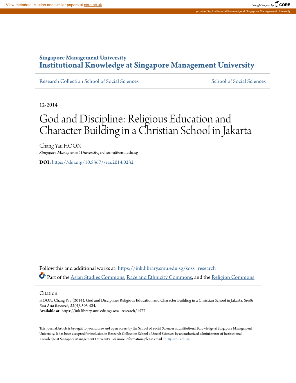 God and Discipline: Religious Education and Character Building in a Christian School in Jakarta