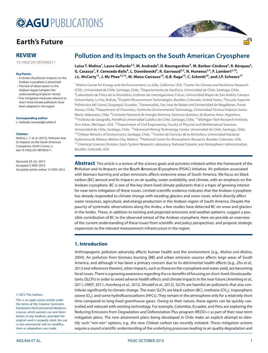 Pollution and Its Impacts on the South American Cryosphere 10.1002/2015EF000311 Luisa T