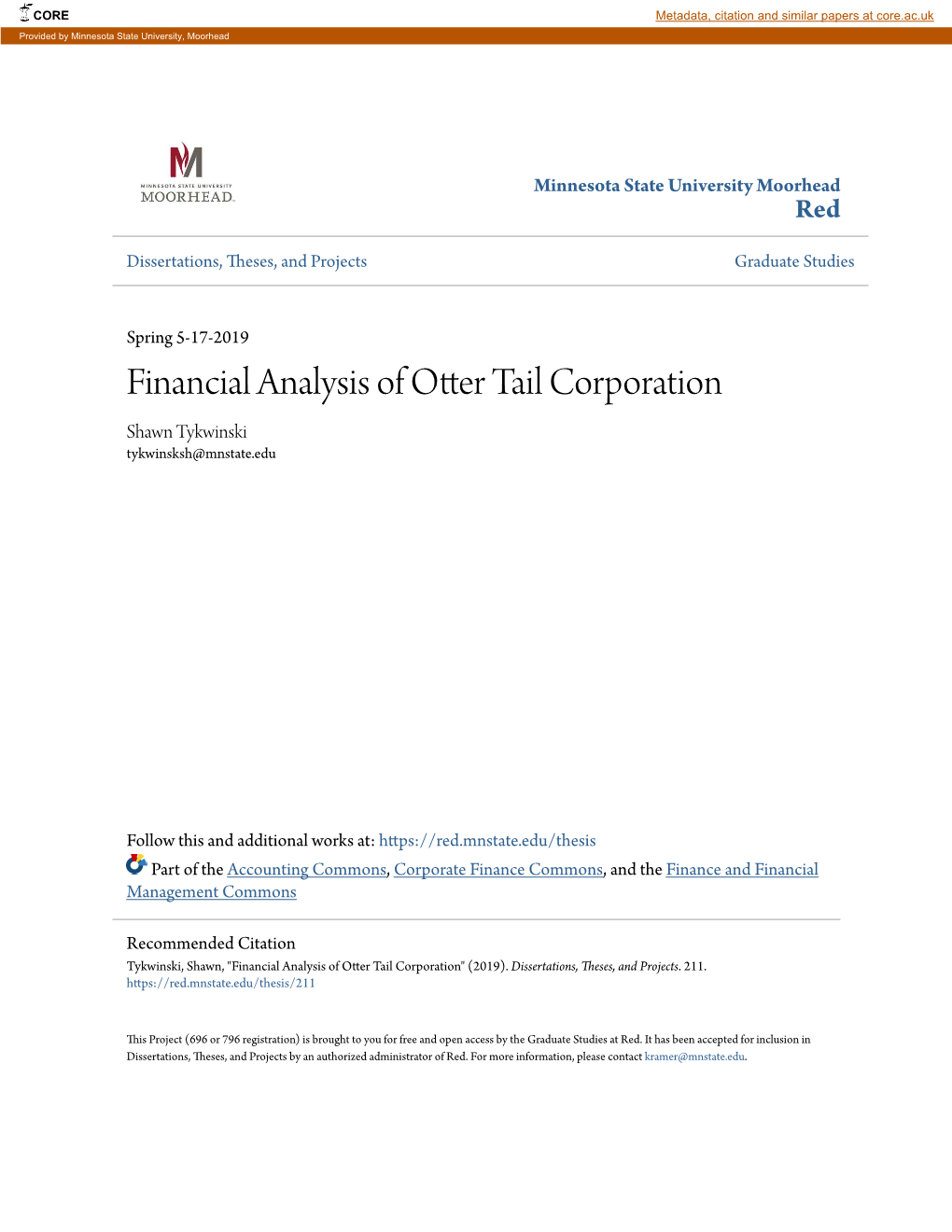 Financial Analysis of Otter Tail Corporation Shawn Tykwinski Tykwinsksh@Mnstate.Edu