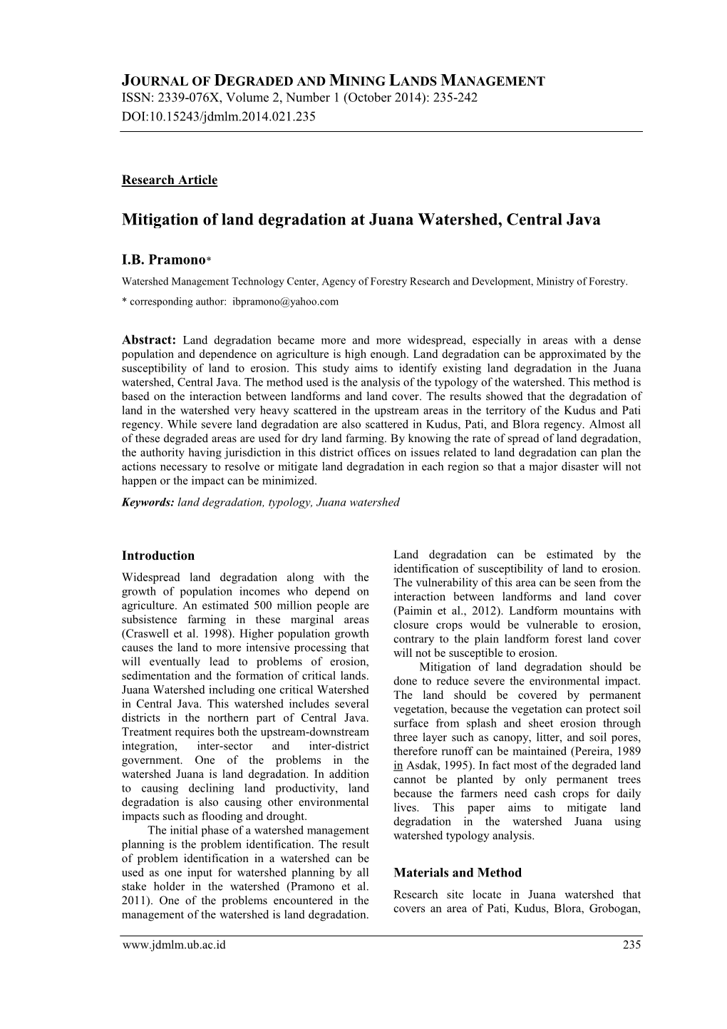 Mitigation of Land Degradation at Juana Watershed, Central Java