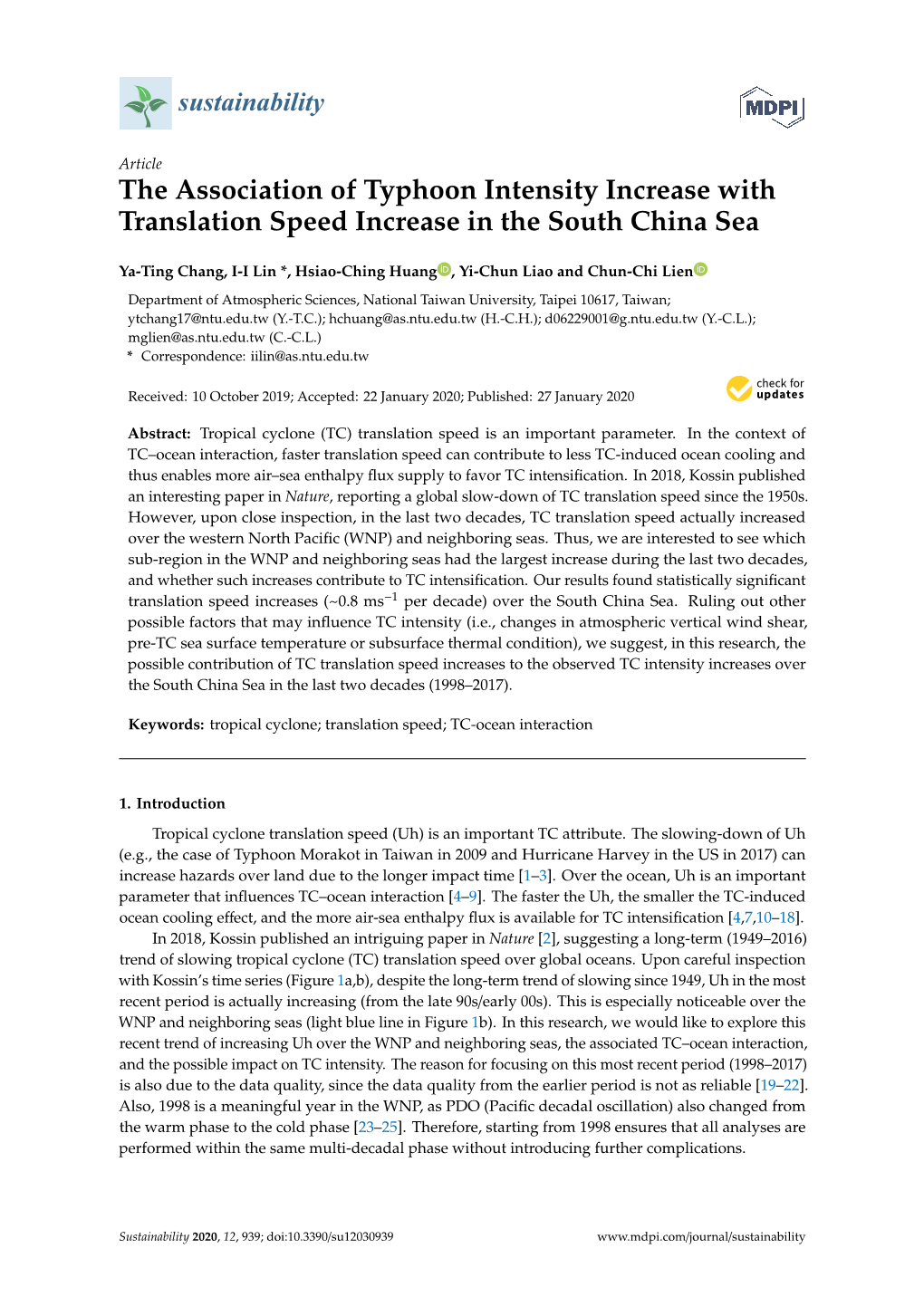 The Association of Typhoon Intensity Increase with Translation Speed Increase in the South China Sea