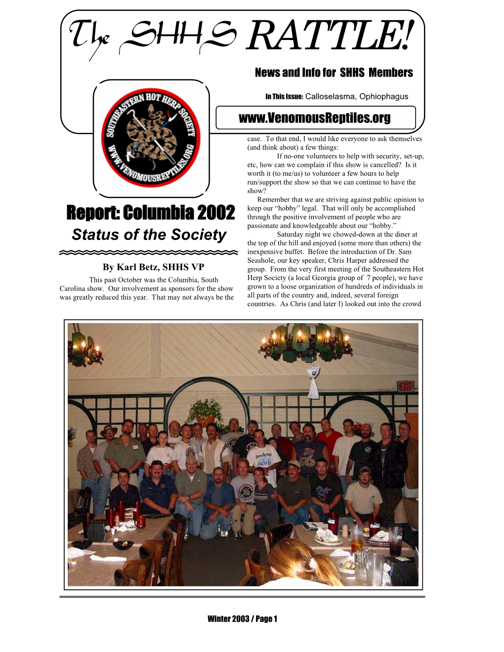 Winter 2003 / Page 1 the Quarterly Publication of the Southeastern Hot Herp Society