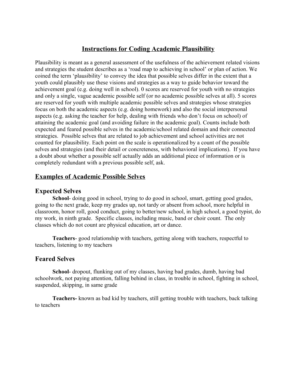 Coding Instructions for Possible Selves, Strategies and Plausibility