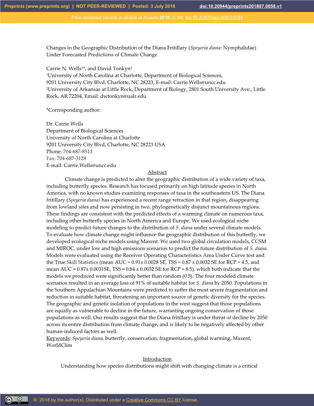 Changes in the Geographic Distribution of the Diana Fritillary (Speyeria Diana: Nymphalidae) Under Forecasted Predictions of Climate Change