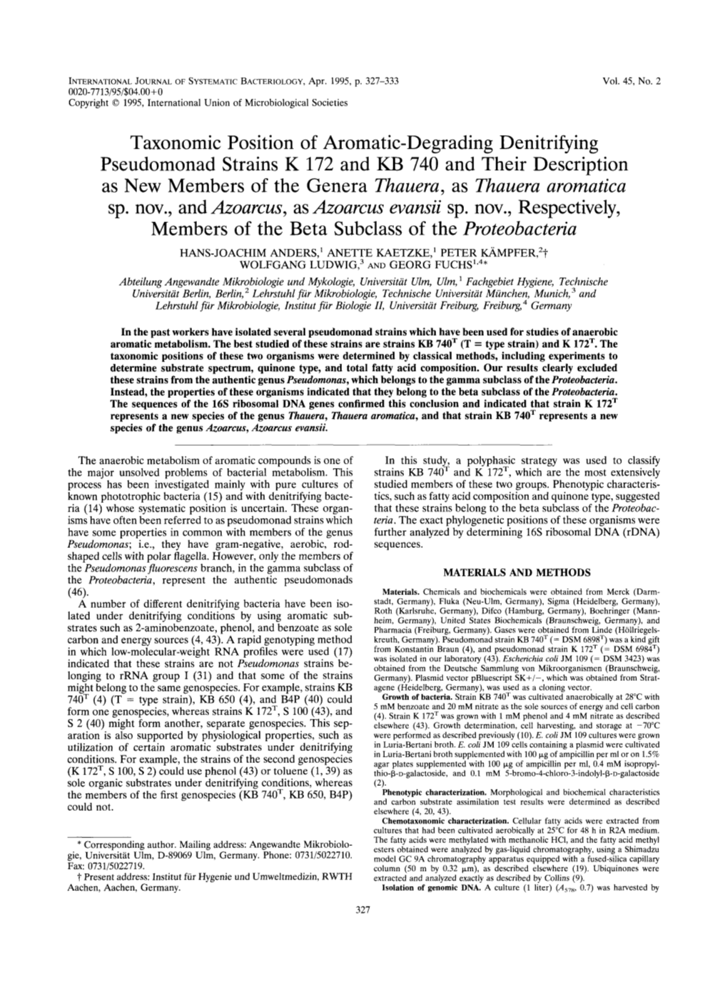 Taxonomic Position of Aromatic-Degrading Denitrifying