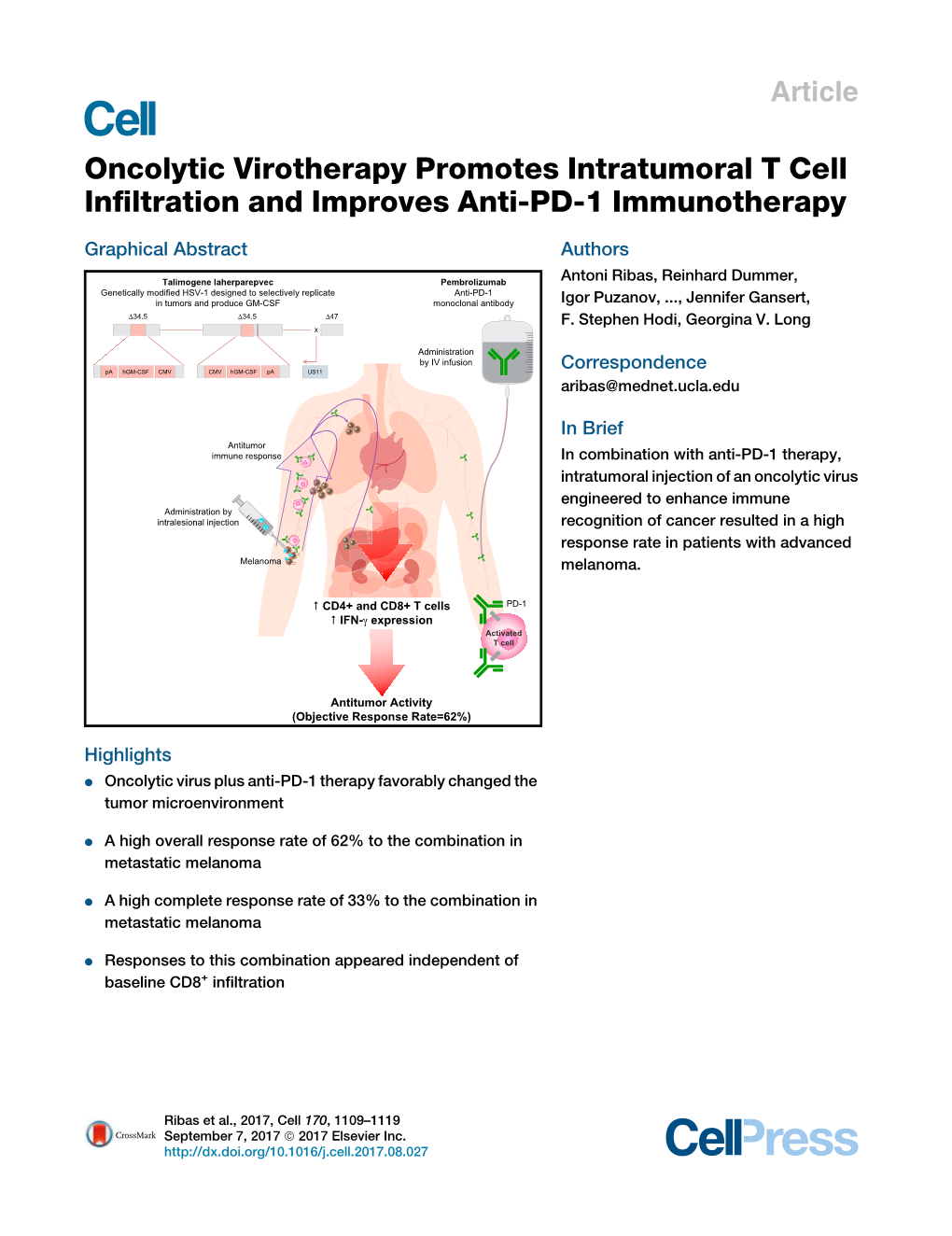 Oncolytic Virotherapy Promotes Intratumoral T Cell Infiltration And