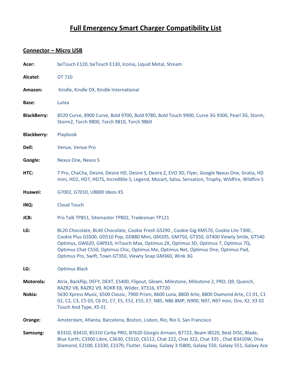 Full Emergency Smart Charger Compatibility List