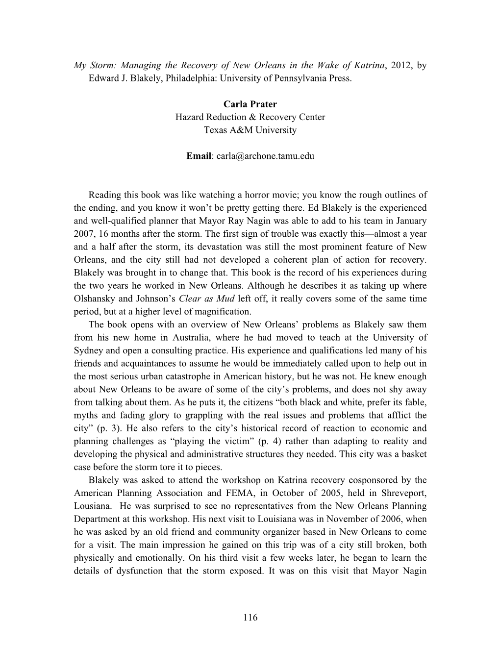 Managing the Recovery of New Orleans in the Wake of Katrina, 2012, by Edward J