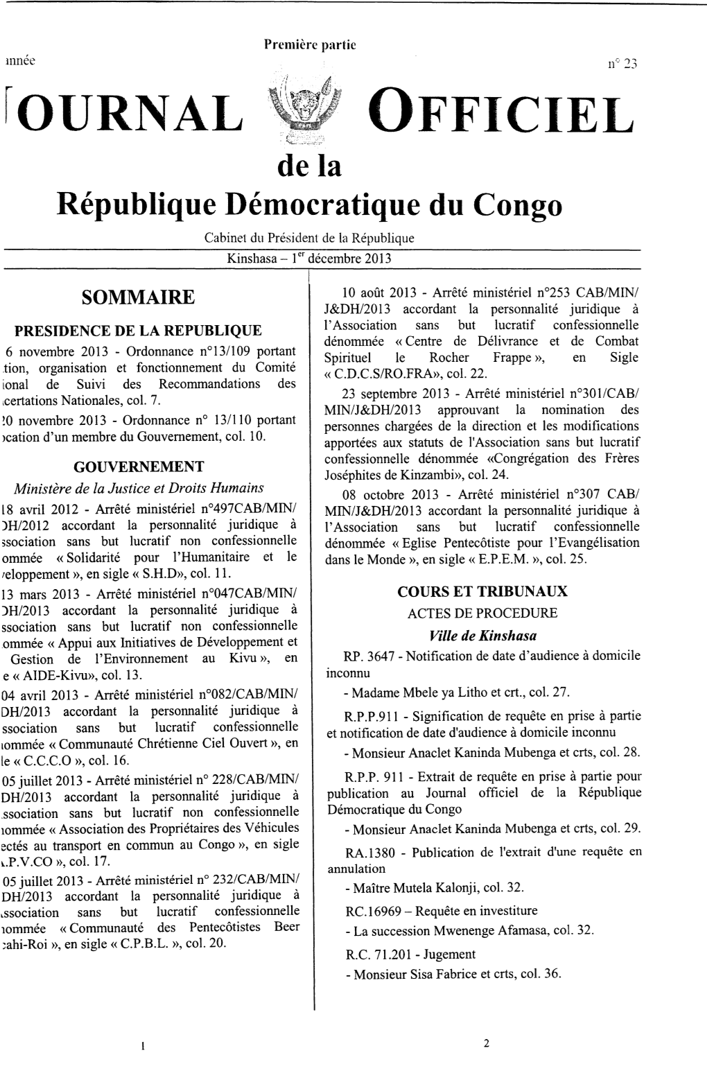 OFFICIEL De La République Démocratique Du Congo Cabinet Du Président De La République Kinshasa - 1Er Décembre 2013