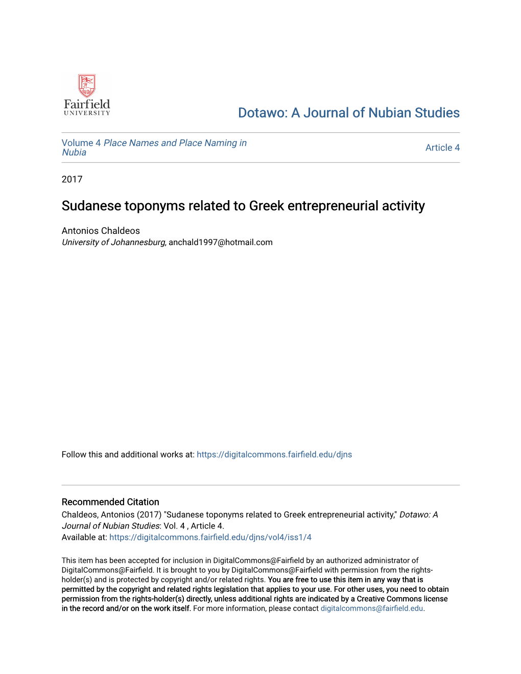 Sudanese Toponyms Related to Greek Entrepreneurial Activity