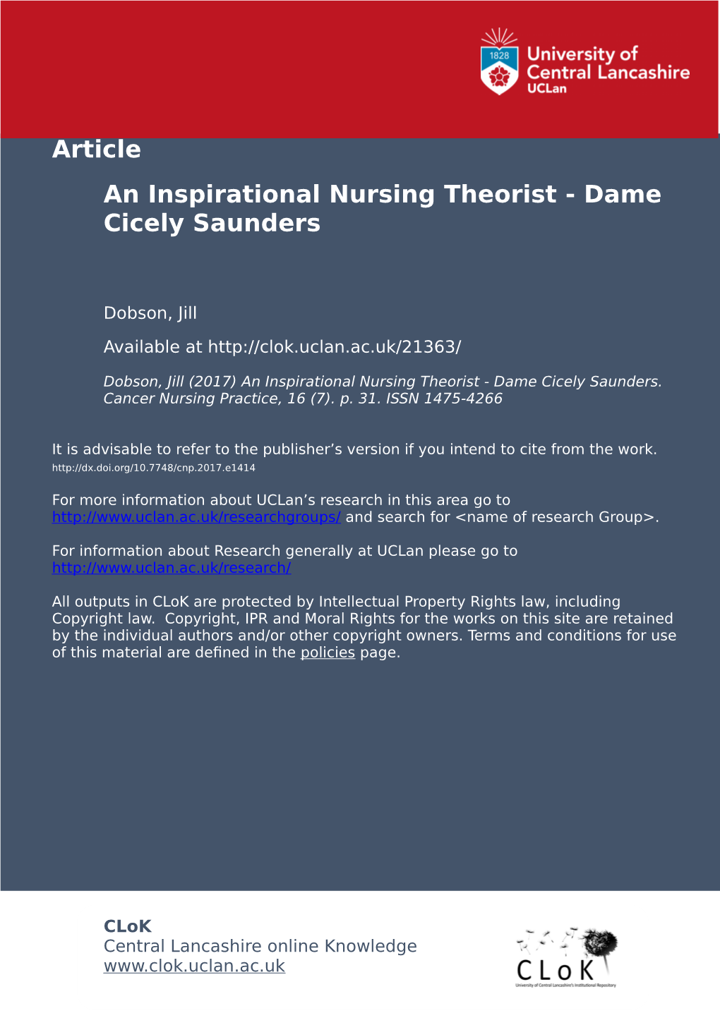 Cancer Nursing Practice, 16 (7)