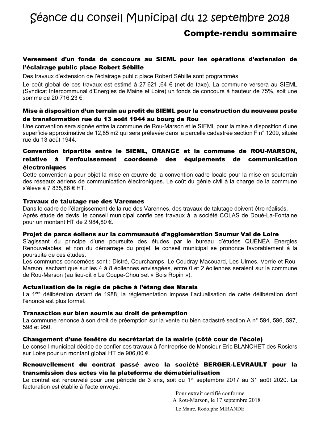 Séance Du Conseil Municipal Du 12 Septembre 2018 Compte-Rendu Sommaire