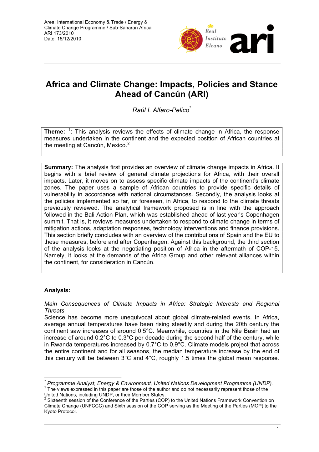 Africa and Climate Change: Impacts, Policies and Stance Ahead of Cancún (ARI)