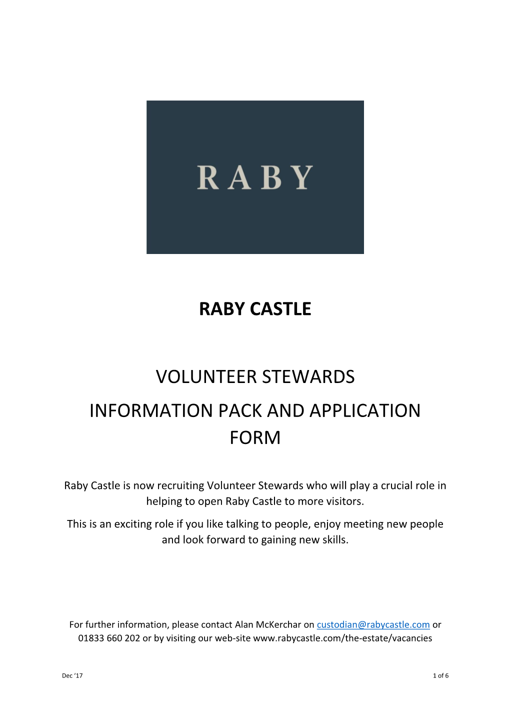 Raby Castle Volunteer Stewards Information Pack and Application Form