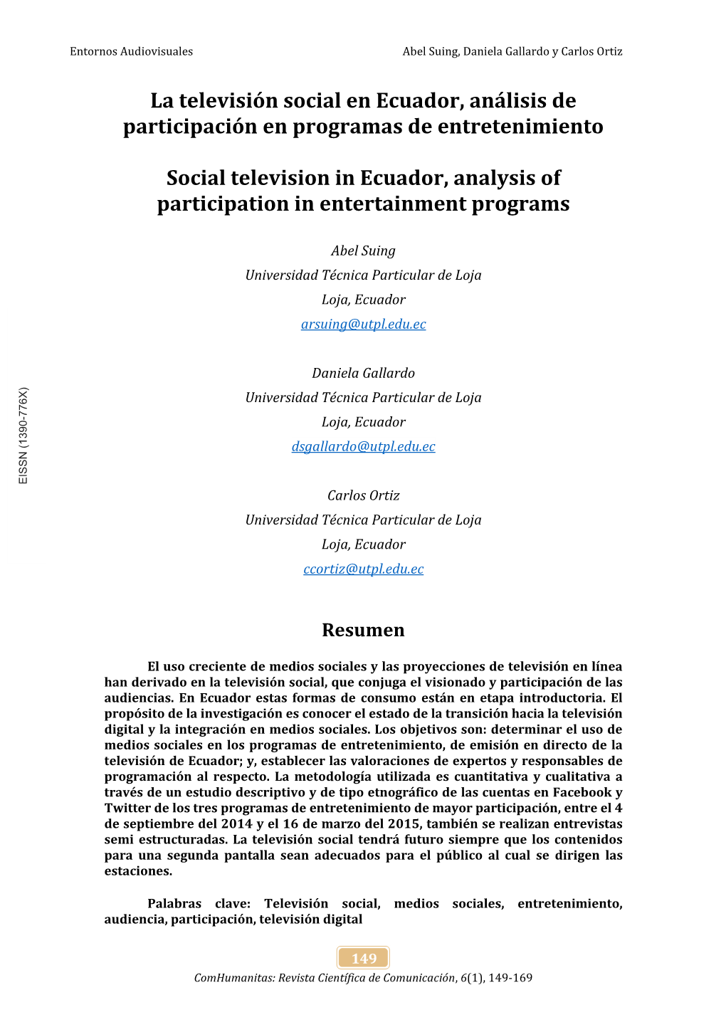 La Televisión Social En Ecuador, Análisis De Participación En Programas De Entretenimiento Social Television in Ecuador, Anal