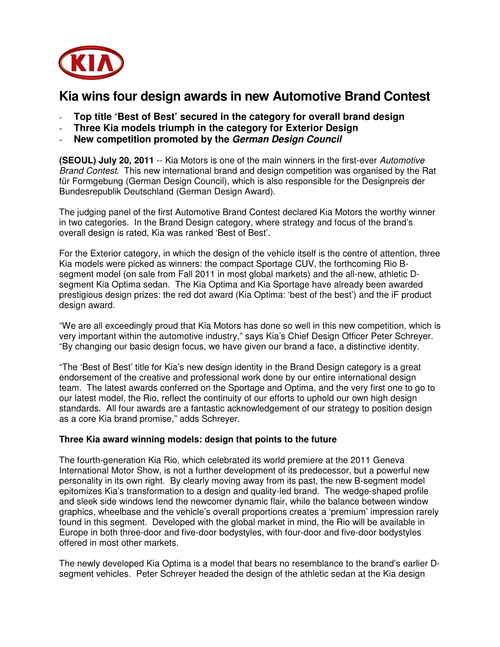 Kia Wins Four Design Awards in New Automotive Brand Contest