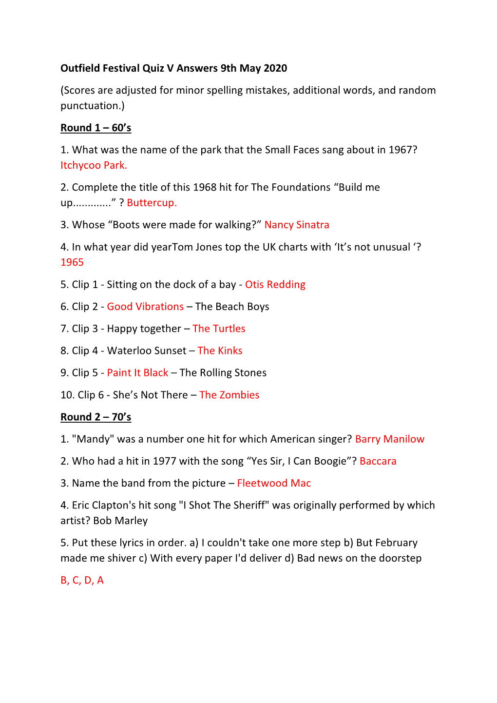 Outfield Festival Quiz V Answers 9Th May 2020 (Scores Are Adjusted for Minor Spelling Mistakes, Additional Words, and Random Punctuation.) Round 1 – 60’S 1