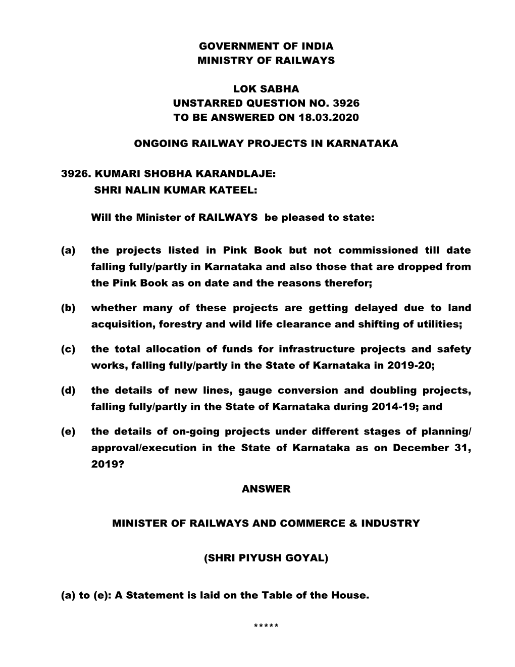 Government of India Ministry of Railways Lok Sabha