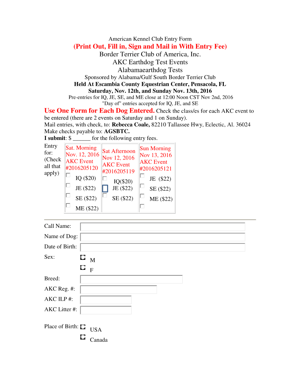 (Print Out, Fill In, Sign and Mail in with Entry Fee) Border Terrier Club of America, Inc