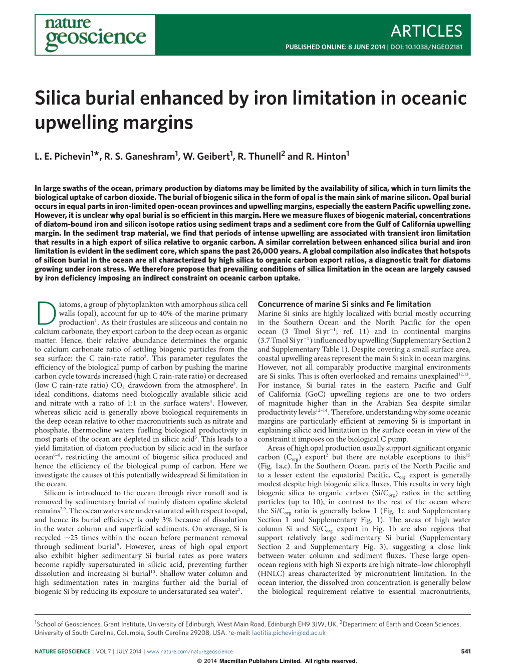 Silica Burial Enhanced by Iron Limitation in Oceanic Upwelling Margins