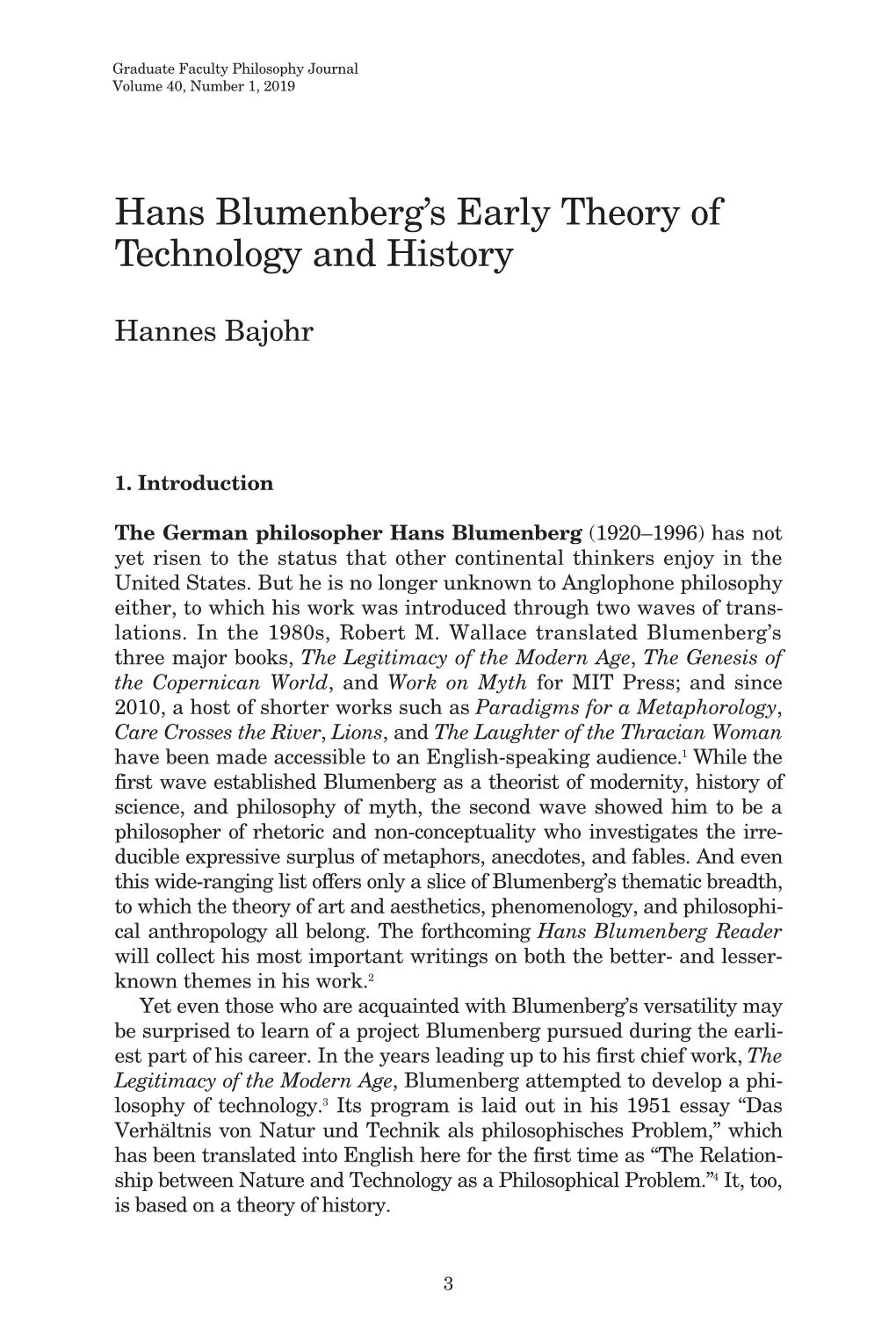 Hans Blumenberg's Early Theory of Technology and History