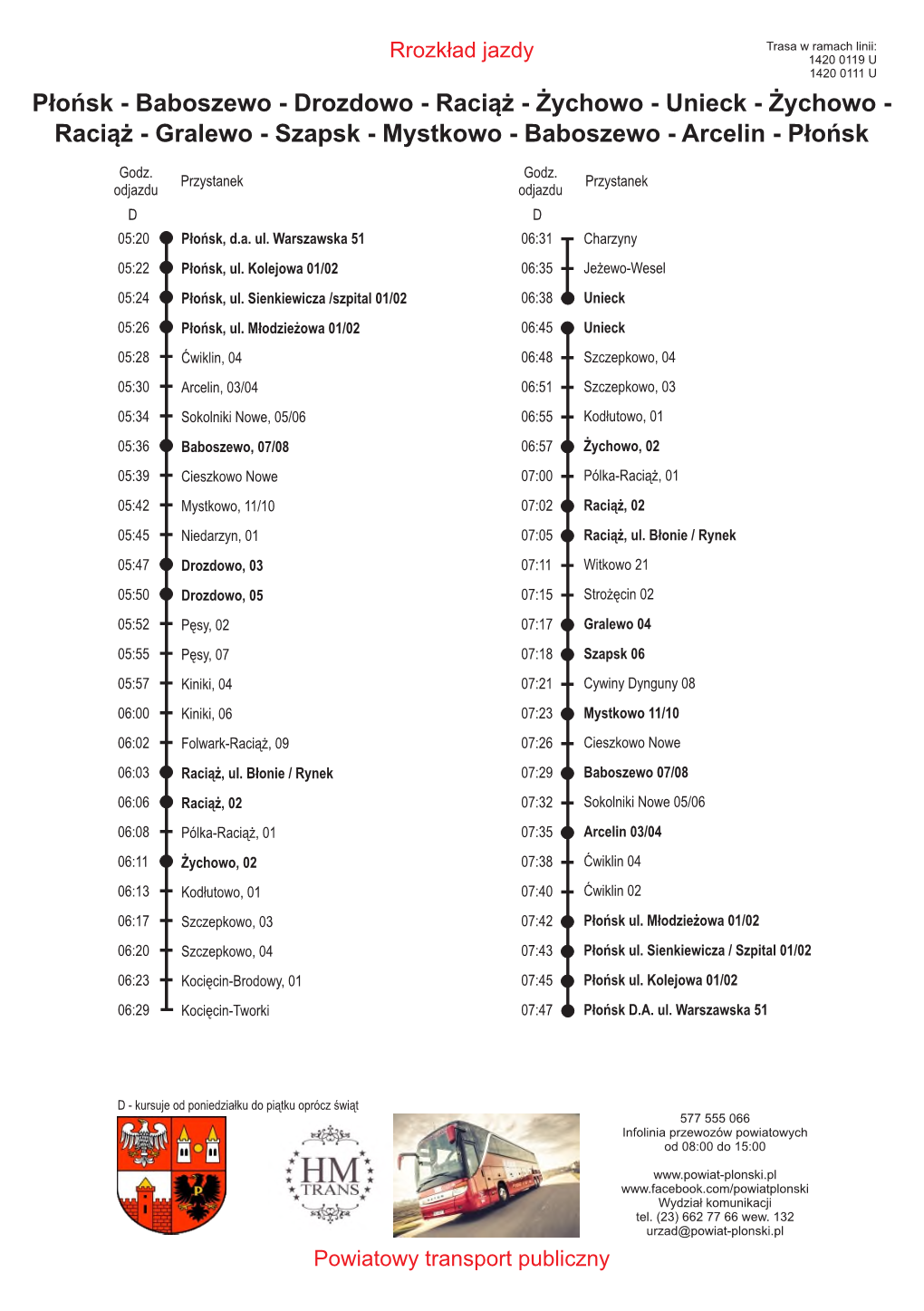 Płońsk - Baboszewo - Drozdowo - Raciąż - Żychowo - Unieck - Żychowo - Raciąż - Gralewo - Szapsk - Mystkowo - Baboszewo - Arcelin - Płońsk