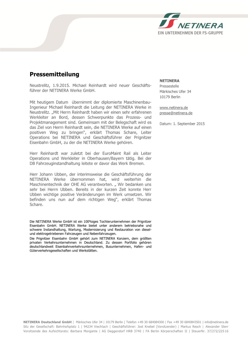 Pressemitteilung NETINERA Neustrelitz, 1.9.2015