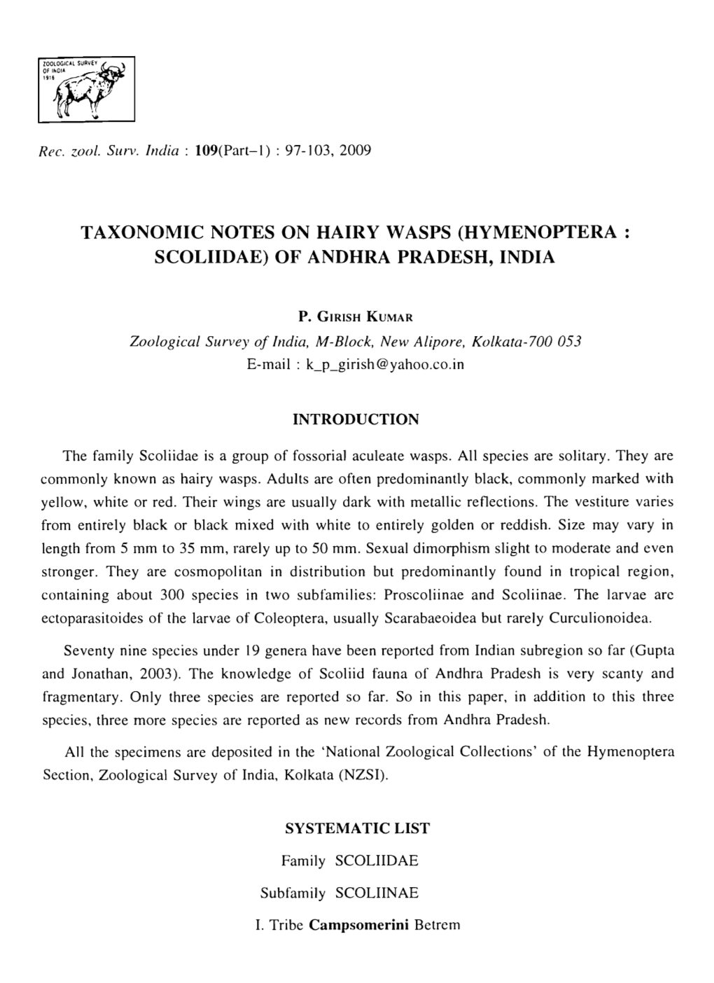 Taxonomic Notes on Hairy Wasps (Hymenoptera Scoliidae) of Andhra Pradesh, India