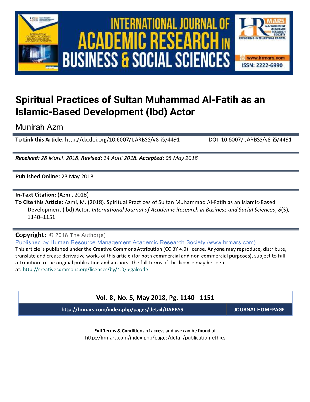 Spiritual Practices of Sultan Muhammad Al-Fatih As an Islamic-Based Development (Ibd) Actor