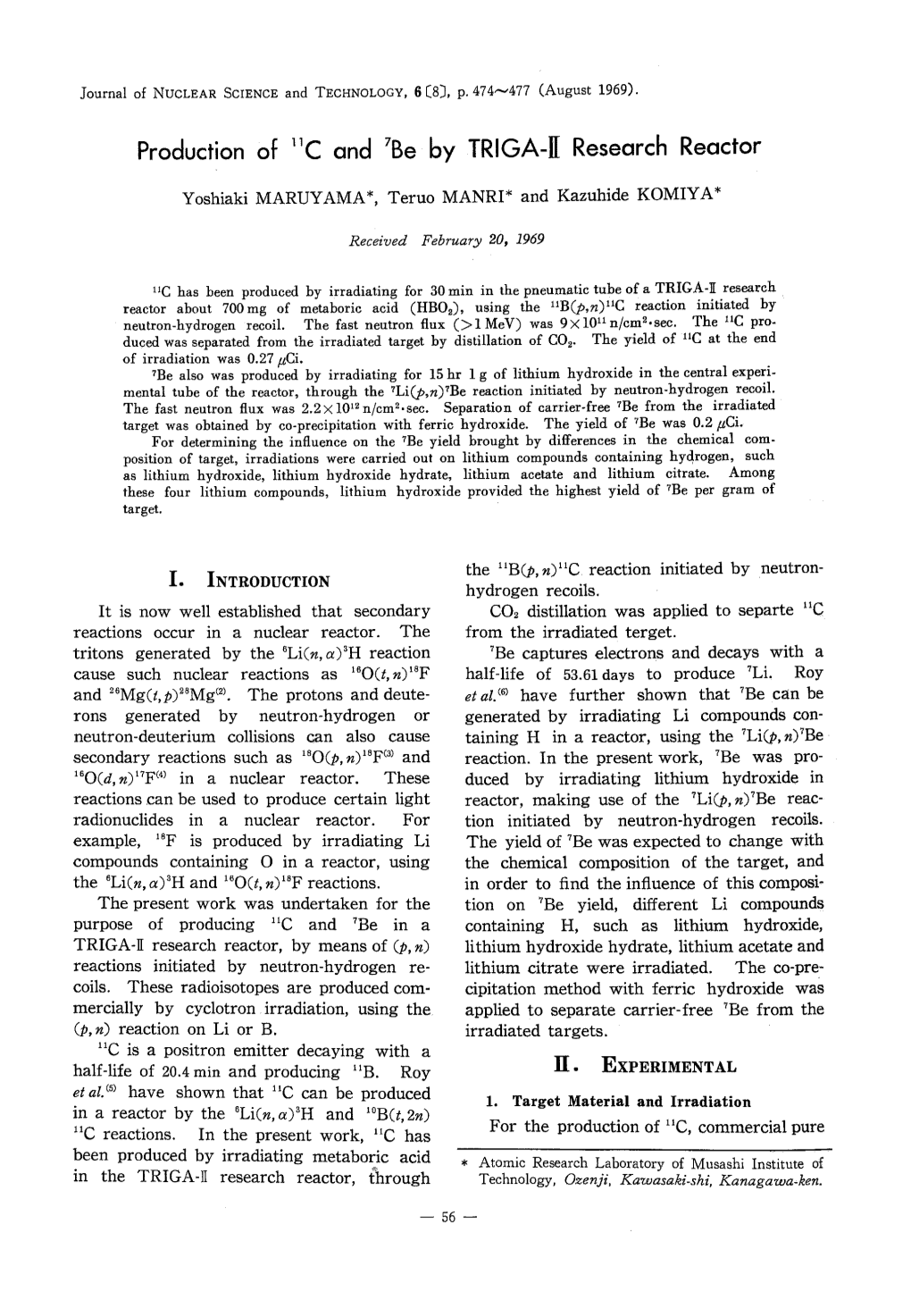 Production of 11C and 7Be by TRIGA-II Research Reactor