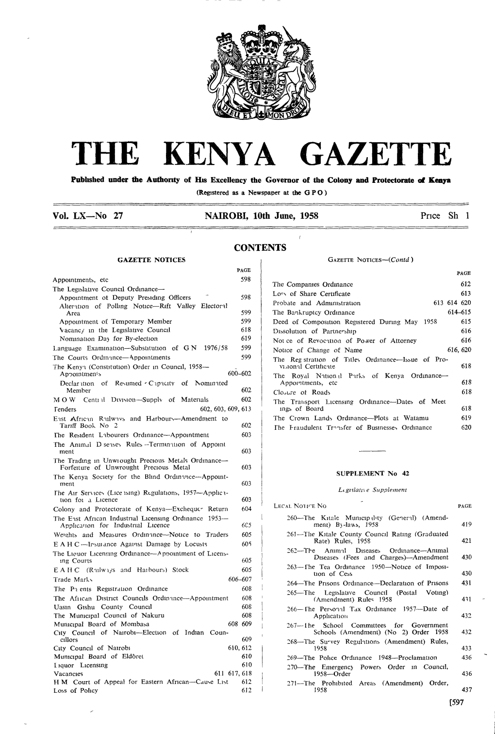 Published Under the Authority of His Excellency the Governor of the Colony and Protectorate of Kenya