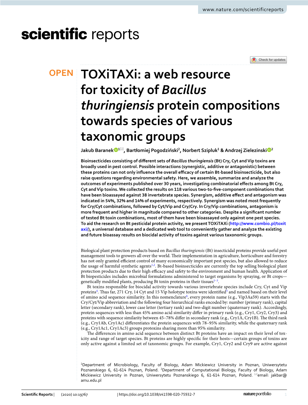 A Web Resource for Toxicity of Bacillus Thuringiensis Protein